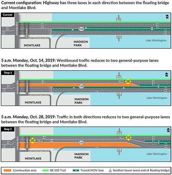 Three maps used to show a traffic shift on the SR 520 floating bridge coming up over the October 12-13 weekend.