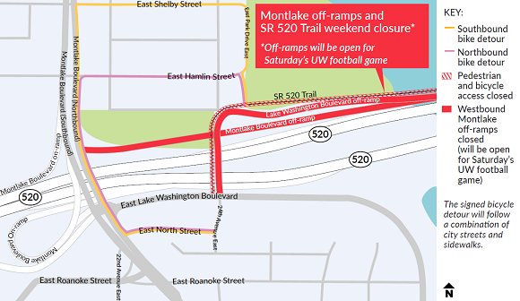 A map of the S r 520 off-ramps to Montlake with both off-ramps marked closed as well as the 520 trail. A bike detour on Montlake is marked.