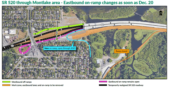 Map showing eastbound SR 520 on ramp closures in the Montlake Project area. 